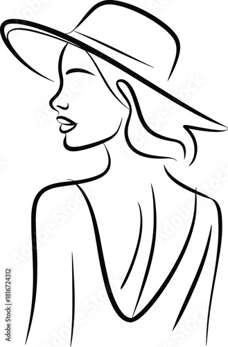 Black and white line art of woman wearing a wide brim hat