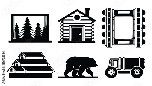 Vector graphic set of cabin forest bear and logging equipment