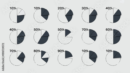Pie Chart Icon Set Percentage Diagrams for Data Visualization and Progress Tracking