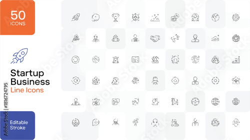Collection of 50 minimalist line icons representing startup business concepts, ideal for digital presentations and web design elements