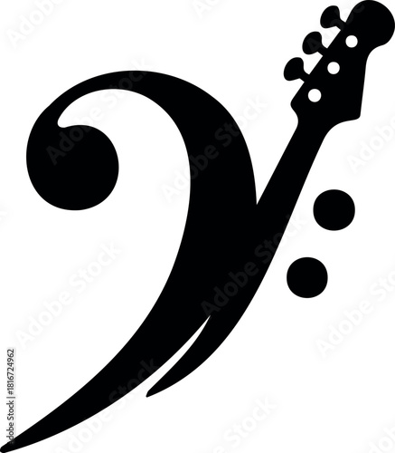 Stylized bass clef icon combined with electric bass guitar headstock silhouette, representing music, rhythm, sound, and powerful low-end frequencies.