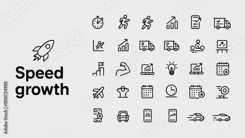 Modern vector line icons for business growth, speed, and logistics. Minimalist design for clean user interfaces, conveying progress and operational efficiency
