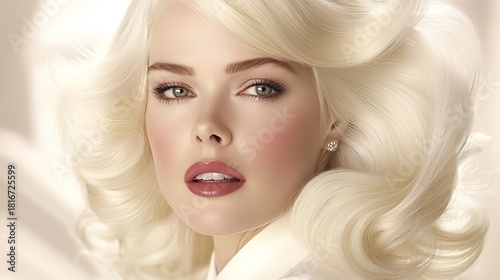 Close - up Portrait of a Woman with Platinum Blonde Wavy Hair, Green Eyes, and Elegant Makeup