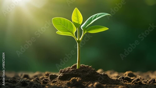 Bright sunlight illuminates a small green seedling growing in rich soil, symbol of growth, agriculture, sustainability, environment.