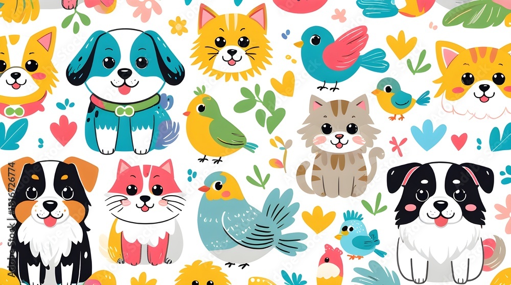 Naklejka premium Cute Colorful Doodle Animals – Dogs, Cats & Birds | Kawaii Cartoon Illustration Set