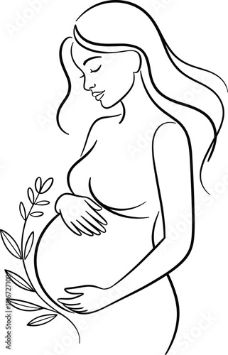 Pregnant woman with closed eyes holding belly and plant branch
