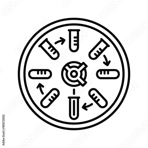Black and white line icon of a document showing test findings, analysis report, and statistical chart data isolated on
