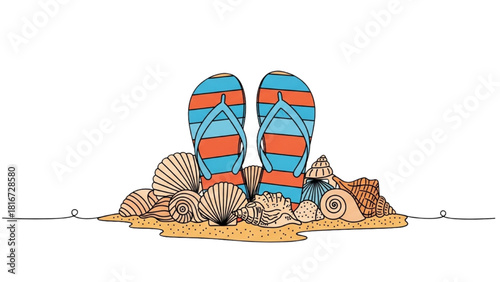 Flip-Flops and Seashells in Flowing Minimal Line Art – Colorful Beach Summer Illustration