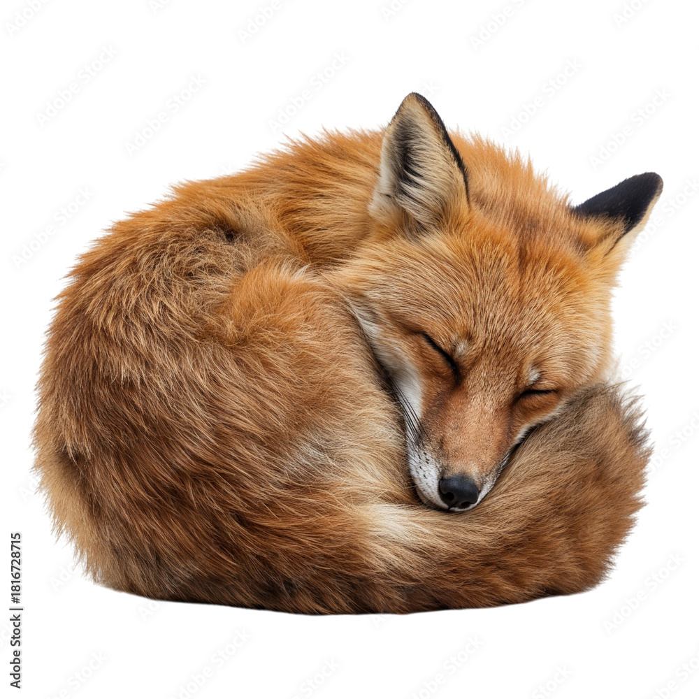 Fototapeta premium Red fox curled up sleeping isolated on transparent background