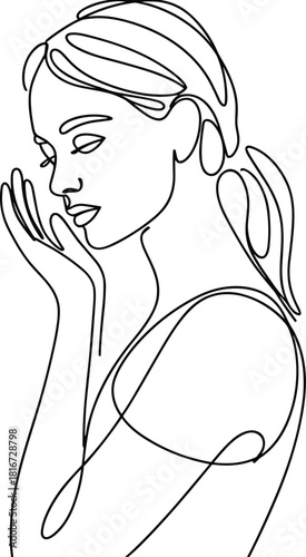 Woman's face profile with hand touching cheek line art