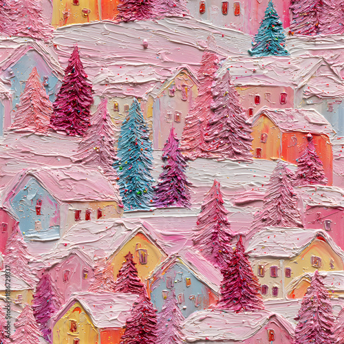 Christmas pink village with trees, seamless tile, impasto style thick acrylic, glittery