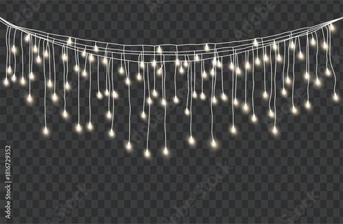 Realistic string of glowing warm icicle fairy lights or christmas garland hanging on transparent background