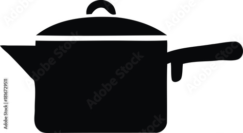 Monochrome icon of a cooking saucepan or tea kettle with a lid, handle, and pouring spout isolated vector graphic. isolated on white background, Vector, illustration