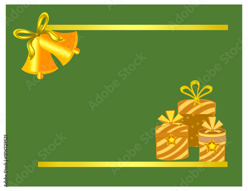 Horizontal sheet with a picture, space for text, Christmas, New Year, bells with a bow, gift boxes, ribbons, stars, color drawing