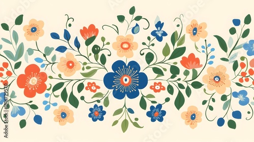 Stylized floral border design featuring various bloom shapes and greenery across a light background