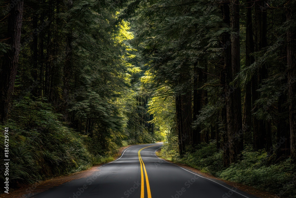 Fototapeta premium Nature Drive: Calm Road Leading into a Sun-Dappled Deep Forest