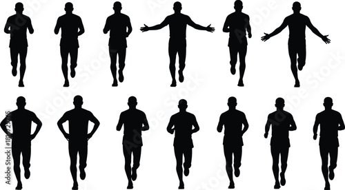Running man front view silhouette set, male athlete jogging, sport fitness vector collection isolated on white, marathon runner sprinting towards camera, cardio exercise poses