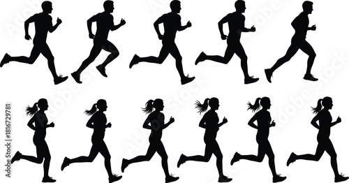 Running man and woman silhouette vector set, male and female athlete jogging animation sequence, sport motion frames isolated on white background, cardio fitness exercise