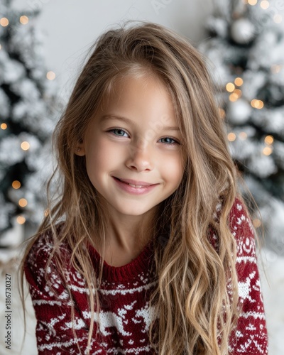 Charming young girl with long wavy hair smiles brightly wearing a festive patterned garment