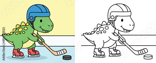 Cute cartoon dinosaur playing ice hockey vector illustration with coloring page.