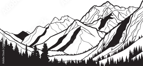Black and White Line Art of Mountain Forest Landscape