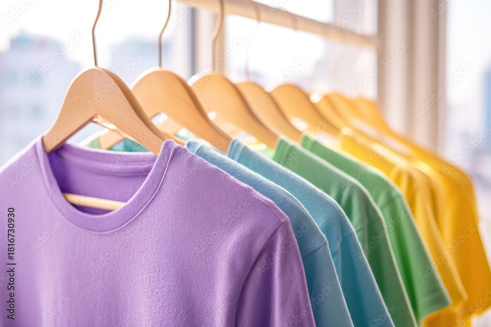 Obraz premium Vibrant Pastel T-Shirts on Hangers in Natural Light