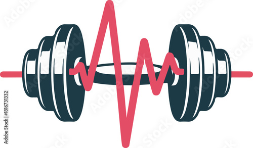 Dumbbell vector icon with a vibrant red heartbeat line symbolizing health fitness and physical activity