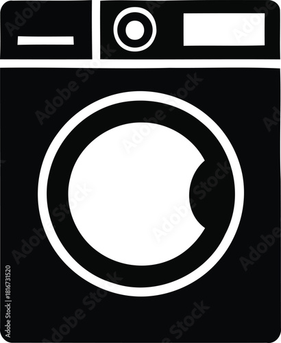 Monochrome front-loading washing machine flat icon vector illustration for domestic laundry and household chore symbols isolated on white background, Vector, illustration