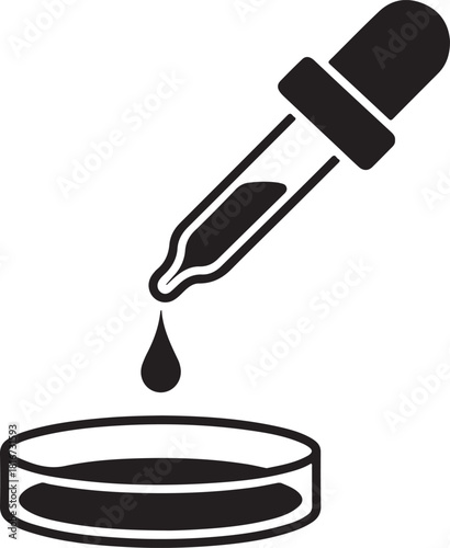 Dropper dispensing liquid into petri dish vector icon for laboratory and scientific research