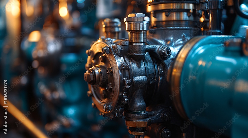 Fototapeta premium A closeup showcases a diesel engine running smoothly. The intricate machinery, composed of metallic parts, demonstrates mechanical engineering in motion. Perfect for industrial and
