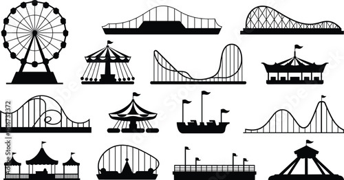 Iconic set of amusement park silhouettes featuring the Ferris wheel, roller coasters, carousels, and various carnival attractions for leisure and entertainment.