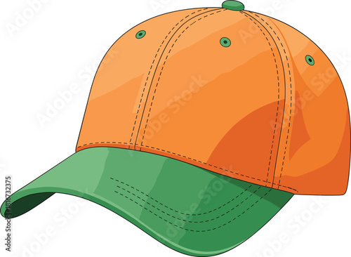 Baseball cap vector illustration with orange crown and green brim, simple casual headwear, sports accessory, fashion, and apparel graphic isolated on white
