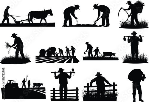 Farming activity silhouette collection, traditional agriculture scenes, crop harvesting, plowing, planting, rural labor concept illustration design flat vector