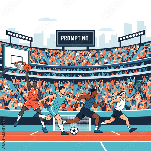 Dynamic sports competition with diverse athletes competing in a stadium filled with fans cheering energetically