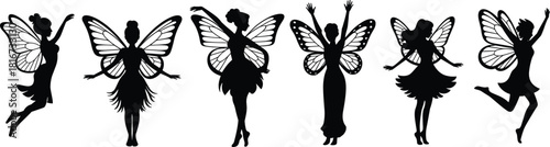 Magical fairy silhouettes vector set, whimsical flying fantasy pixie wings, elegant dance, butterfly, woodland spirit, enchantment.