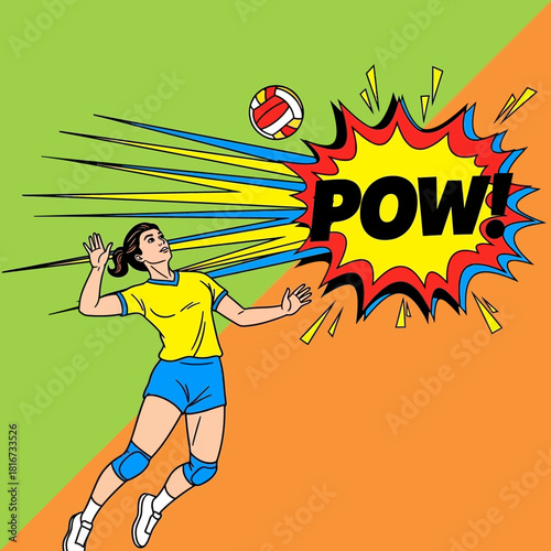 Dynamic volleyball player spiking the ball with explosive power, energetic sports action, pop art style illustration