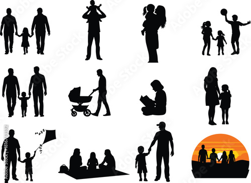 Family silhouette interaction scenes, parent child bonding moments, outdoor activities, reading, walking, playing, emotional connection concept illustration flat vector