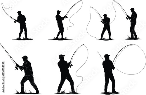 Fly fishing silhouettes with rods, casting lines, outdoor sport, river fishing, recreation flat vector illustration