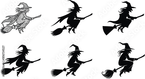 Flying witch silhouette illustration, Halloween magic character on broomstick with hat cloak, spooky fantasy artwork, flat vector