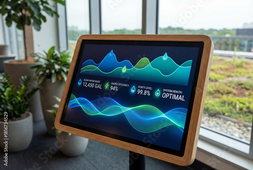 Eco water technology dashboard displaying metrics with clean water saved, energy efficiency, purity level, and system health optimal in modern office