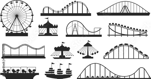 Set of black silhouettes for amusement park attractions including the Ferris wheel, various roller coasters, and rotating carnival rides, promoting fun leisure.