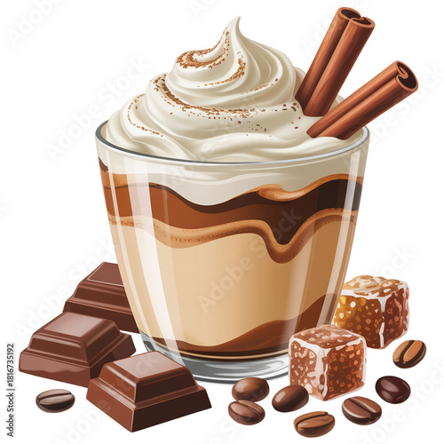 Iced Mocha with Whipped Cream, Chocolate and Cinnamon Sticks