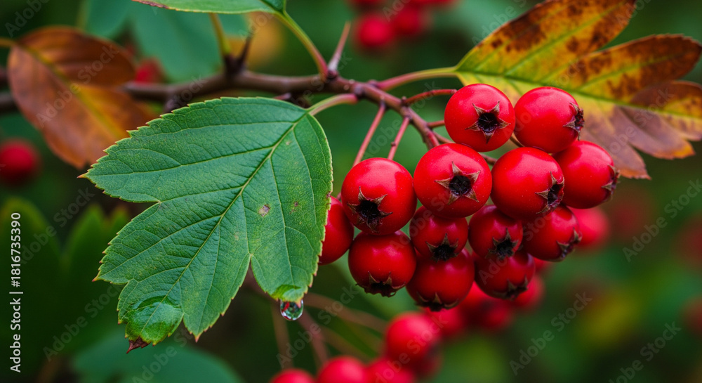 Fototapeta premium Autumn hawthorn branch with red berries and green leaves, perfect for nature-themed designs, herbal medicine illustrations, seasonal promotions and fall mood boards.