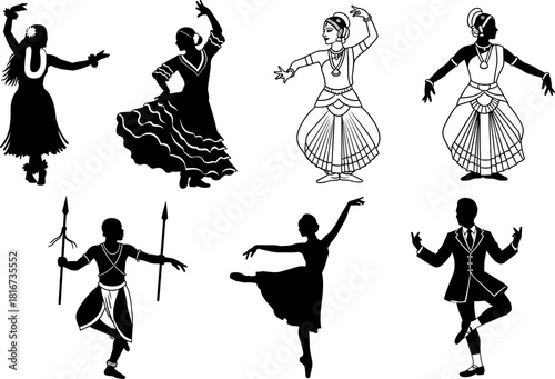 Global dance silhouettes, cultural diversity, traditional costumes, expressive movement, ballet, tribal, ballroom, Indian classical styles - flavector