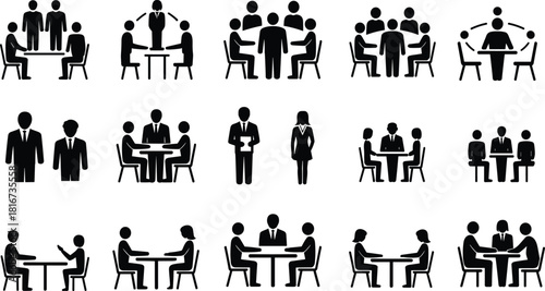 Set of business meeting silhouettes and discussion icons, depicting people collaborating, negotiating, interviewing, or working together in corporate and office settings.