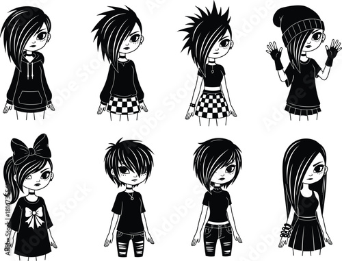 Goth emo cartoon characters with unique hairstyles, dark clothing, alternative fashion poses, subculture illustration, flat vector