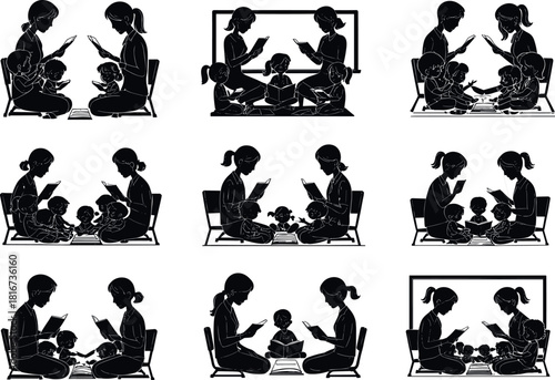 Reading to children silhouettes, family education, storytelling moments, parent-child bonding, learning vector, classroom illustration