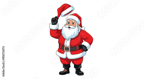 Cartoon Santa Claus wearing a red suit and hat, tipping his hat in a friendly gesture.