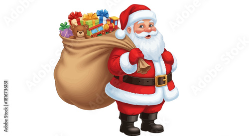 Santa Claus, wearing a red suit and hat, carrying a large sack full of colorful Christmas presents.