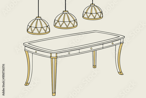 Elegant antique desk with three decorative pendant lights above table furniture